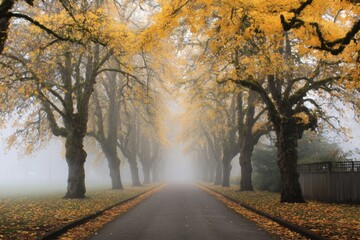 Poster - Foggy Pathway Lined With Golden Trees Creates a Serene Autumn Atmosphere Generative AI