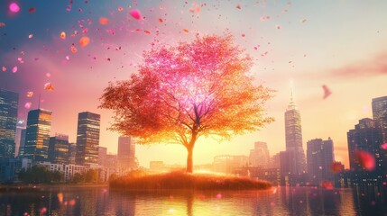 Poster - Radiant cyber tree emerging from the city buildings, reflecting technological advancement and AI networks