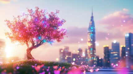 Poster - Radiant cyber tree emerging from the city buildings, reflecting technological advancement and AI networks