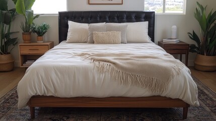 Fototapete - Frontal view of bed with premium black leather headboard and neutral linens