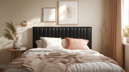 Fototapete - Frontal view of bed with premium black leather headboard and neutral linens