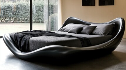 Fototapete - Monochrome bedroom theme featuring grey leather headboard centerpiece