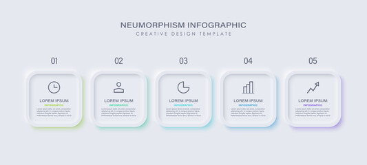 Poster - Neumorphism five steps or processes vector infographic template. Business and marketing infographic design with icons