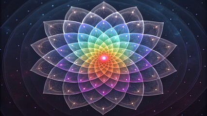 Aufkleber - A vibrant fractal lotus flower with rainbow gradient and glowing center on dark cosmic background