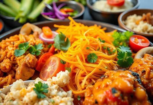Close-up of vibrant international dishes, diverse cuisine, Chinese,  vibrant