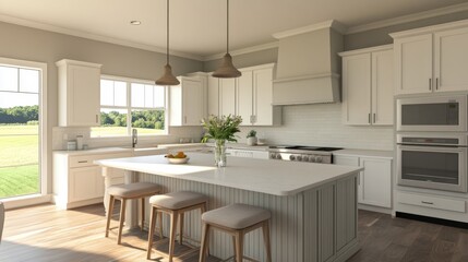 Aufkleber - An elegant minimalist kitchen with clean lines, white cabinets, and a large island, adorned with a simple vase of fresh flowers on the countertop