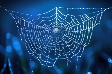 A spiderweb glistening with morning dew, intricate design against a dark blue background.