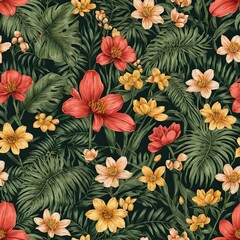 Poster - Dark Green Tropical Floral Seamless Pattern with Red and Yellow Flowers
