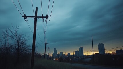Poster - A composition featuring utility poles with hanging power lines, set against the backdrop of an urban skyline during dusk, showcasing the blend of city life and infrastructure