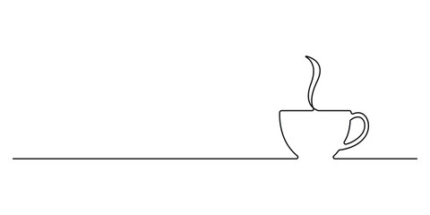 Poster - Coffee cup continuous line drawing tea icon cafe sketch drink single art outline mug logo food. Doodle cup one line abstract background breakfast steam morning coffee design symbol. Vector illustratio