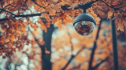Poster - A dramatic close-up of a dome-shaped CCTV camera, reflecting the surrounding environment, set against a blurred background of trees or buildings