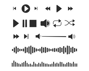 Music or video play interface bar icon, voice record display set, buttons. Podcast playlist, play button. Song simple equalizer, record.