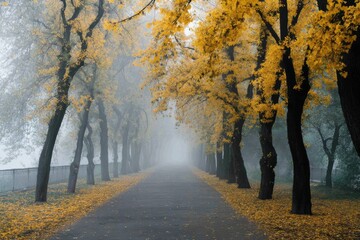 Poster - Pathway Enveloped in Fog With Golden Foliage Lining the Sides Creates a Serene Autumn Atmosphere in a Tranquil Setting Generative AI