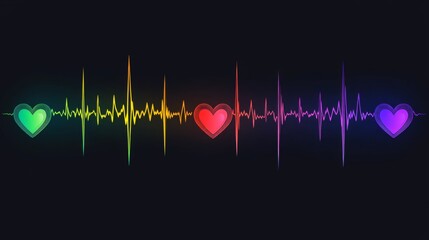 Fototapete - A series of heart waveforms depicted in different colors, symbolizing various emotional states, displayed on a dark background for a striking contrast