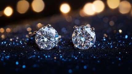 Poster - A stunning close-up of sparkling diamond earrings displayed elegantly on a velvet surface, showcasing the brilliance and clarity of the diamonds under soft lighting