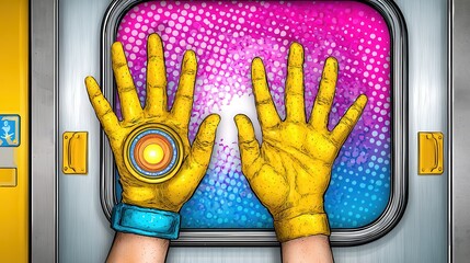 Poster - Dramatic Retro Halftone Style Art with Vintage Color Burst and Comic Ink Effect Showcasing Yellow Gloved Hands Against a Vibrant Background
