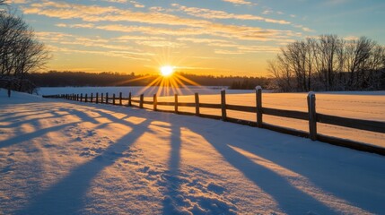 Poster - A vibrant sunrise illuminating a row of utility poles, with the light casting long shadows across a field, symbolizing new beginnings and energy