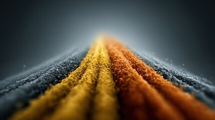 Poster - An abstract close-up showcasing vibrant colored sands arranged in a gradient pattern against a dark backdrop, creating a striking visual with rich textures and flowing lines.