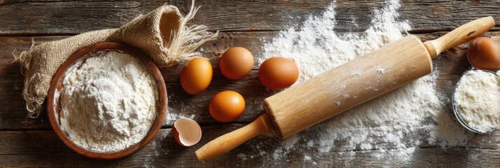 Poster - Preparing to Bake With Flour, Rolling Pin, and Eggs on a Rustic Wooden Countertop in a Cozy Kitchen Setting During the Morning Generative AI