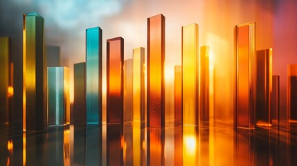 Aufkleber - Colorful D bar graph with tall, transparent bars on a reflective surface, casting shadows and illuminated by soft ambient lighting