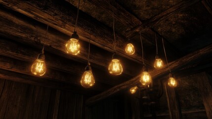 Poster - Cozy warm light bulbs hanging from a rustic wooden ceiling, illuminating the space with a soft amber glow against a dim background