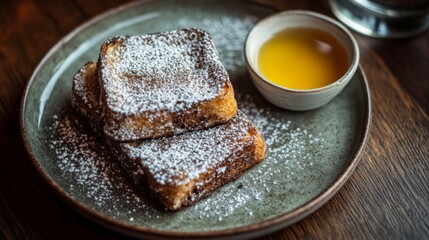 Poster - Fluffy cinnamon toast dusted with powdered sugar, with a small dish of honey on the side for a warm and sweet morning treat
