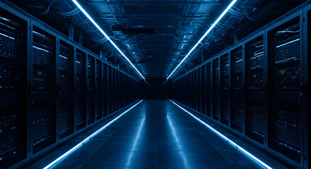 Poster - Blue Toned Server Room Hallway with Rows of Data Servers Fading Into Distance Illuminated by Electric Blue Neon Lighting