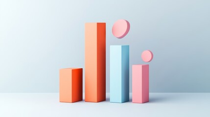 Fototapete - Minimal D bar graph in pastel colors, with shadows cast across a white background, creating a soft and elegant visual