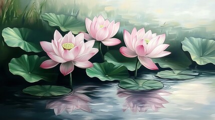 Aufkleber - Pink lotus flowers blooming gracefully on still water, with green lotus leaves surrounding them and subtle reflections on the ponds surface