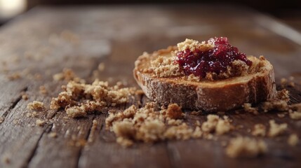 Poster - Rustic toast topped with homemade jam, crumbs scattered on a wooden table, evoking a fresh, homemade breakfast vibe