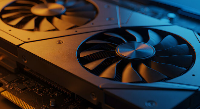 Close Up of Graphics Card with Dual Fans in Warm Orange and Cool Blue Lighting Showcasing Computer Technology Design