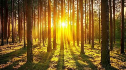 Poster - Sunset view with warm, golden sunlight streaming through a forest, illuminating the trees and creating a beautiful contrast