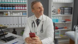 © Krakenimages.com - Mature blonde caucasian man in white coat with stethoscope sitting indoors in a clinic, smiling while holding a smartphone in a modern medical workplace setting.