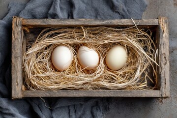Poster - Raw Eggs Nestled in Rice Straw Inside an Old Wooden Tray From a Rustic Kitchen Generative AI