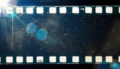 Wall Mural -  damaged vintage film strip with glowing blue light flare and dust texture for retro web design, print background, or nostalgic branding