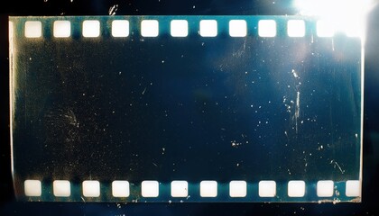 Wall Mural -  damaged vintage film strip with glowing blue light flare and dust texture for retro web design, print background, or nostalgic branding