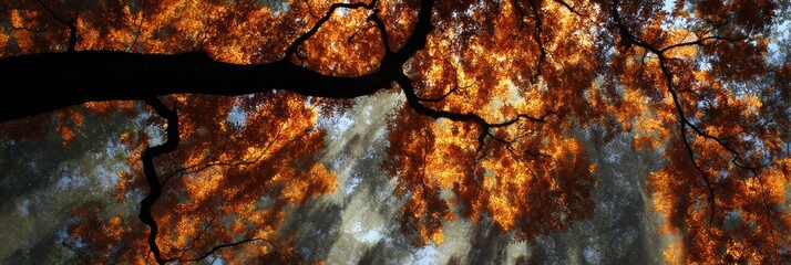 Poster - Sunlight Filters Through Vibrant Orange Canopy Creating Dappled Shadows on Forest Floor During Early Autumn Afternoon Generative AI