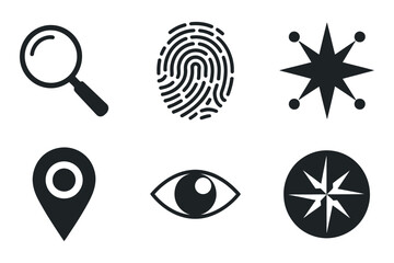 Aufkleber - Collection of Six Essential Black Icons Representing Search Magnifying Glass Fingerprint Location Eye Compass Navigation
