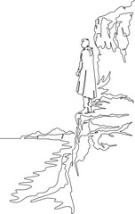 Poster - continuous one line drawing a man stands on the top of a cliff. seashore. ocean bay. steep cliffs. o