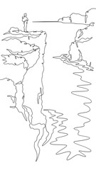 Poster - continuous one line drawing a man stands on the top of a cliff. seashore. ocean bay. steep cliffs. o