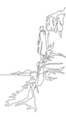 Poster - continuous one line drawing a man stands on the top of a cliff. seashore. ocean bay. steep cliffs. o