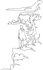 Poster - continuous one line drawing a man stands on the top of a cliff. seashore. ocean bay. steep cliffs. o