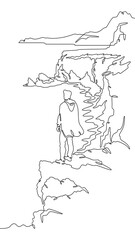 Poster - continuous one line drawing a man stands on the top of a cliff. seashore. ocean bay. steep cliffs. o