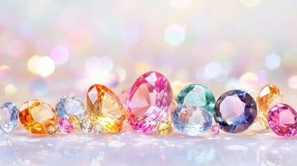 Poster - Artistic layout of colorful gemstones with dazzling reflections and soft background