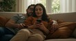 © rdkcho - Young Couple Relaxing on Cozy Sofa, Woman Using Smartphone, Man Holding Remote Control, Intimate Home Scene
