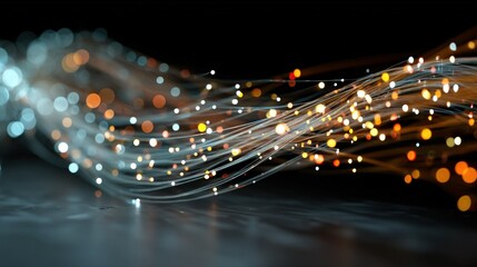 Fototapete - Dynamic flow of light and colorful light particles on a dark background