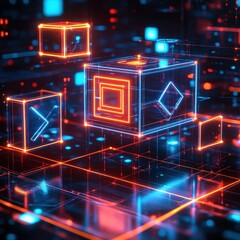 Fototapete - Futuristic digital cubes with neon glow in abstract technology environment