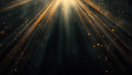 Poster - golden light rays with glowing dust particles on dark background for web design, poster, branding or digital art composition

