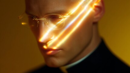 Aufkleber - A captivating silhouette of a man with glowing glasses and a striking expression. The vibrant light creates a unique artful effect. This image is perfect for modern design or digital projects. AI