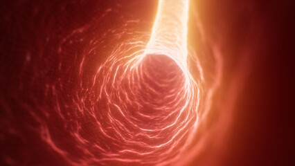 Poster - intense red and orange glowing tunnel visual with radiant energy lines, resembling a plasma or bio-e
